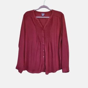Laura Scott pretty Wine color pleated button front blouse.